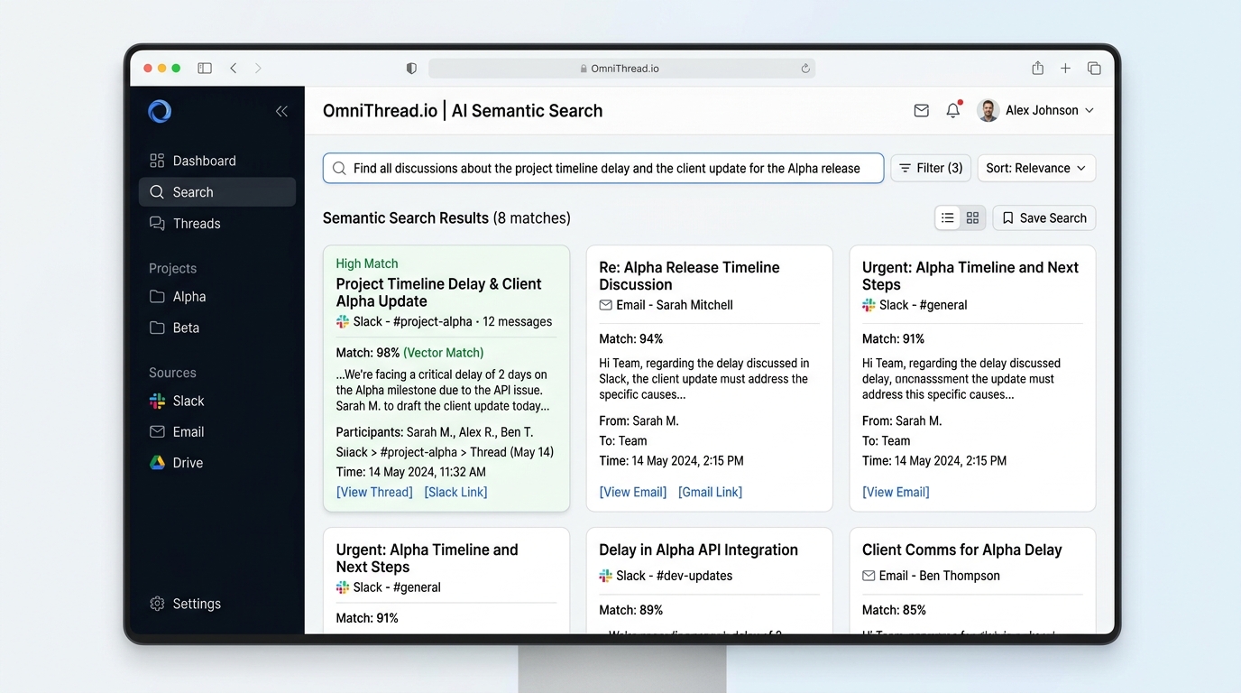 OmniThread AI Semantic Search UI Mockup